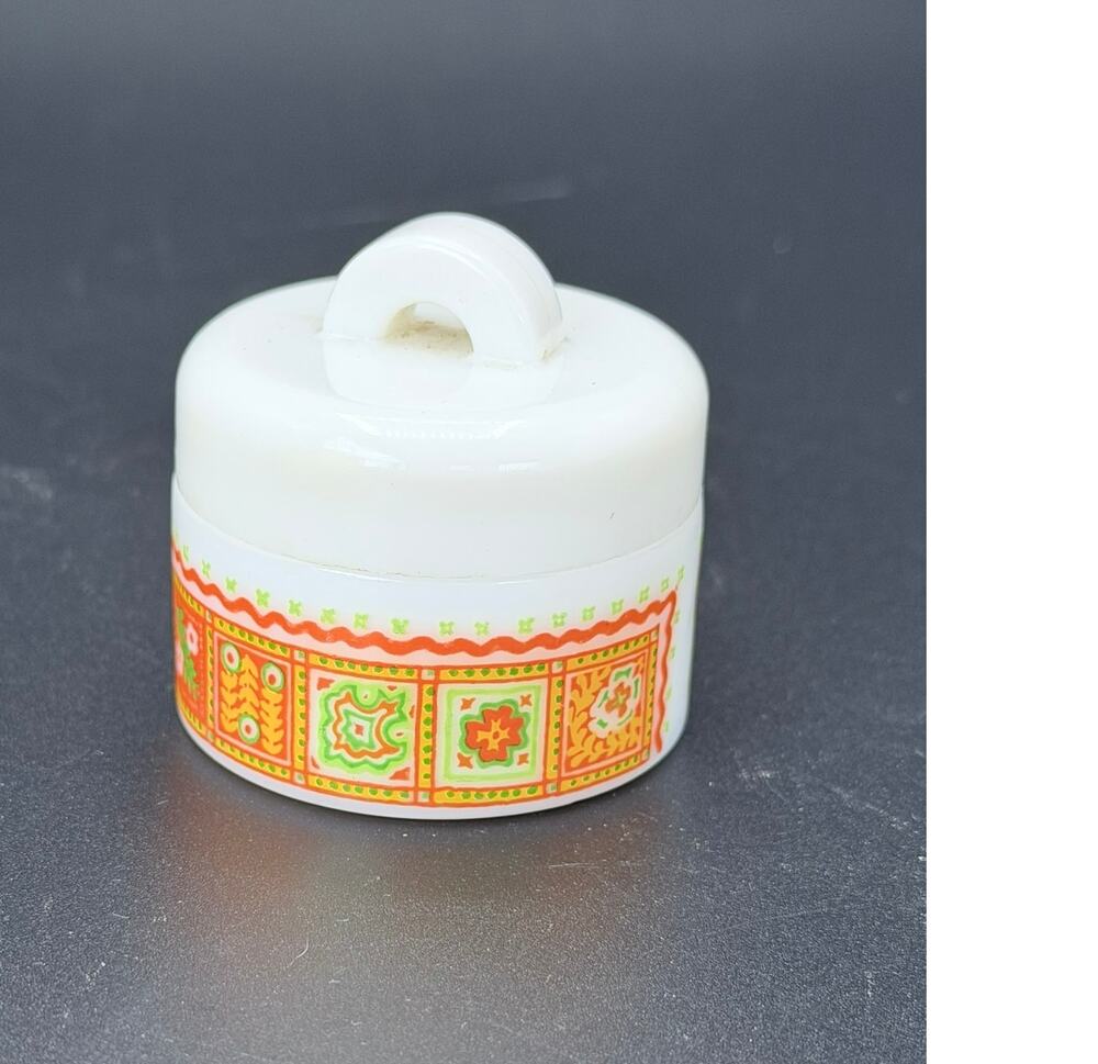 Vintage 1970s Avon Patchwork Cream Sachet Jar Empty Milk Glass Container